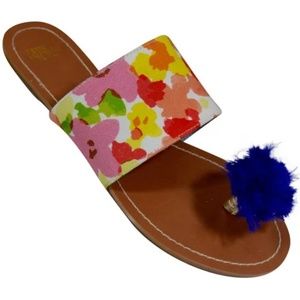 Frances Valentine Multicolor Floral Flats with Blue Pom Pom
